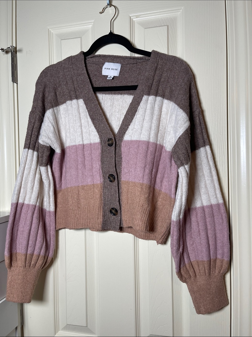 Pink Rose Striped V-Neck Cardigan - Mauve, Cream & Brown